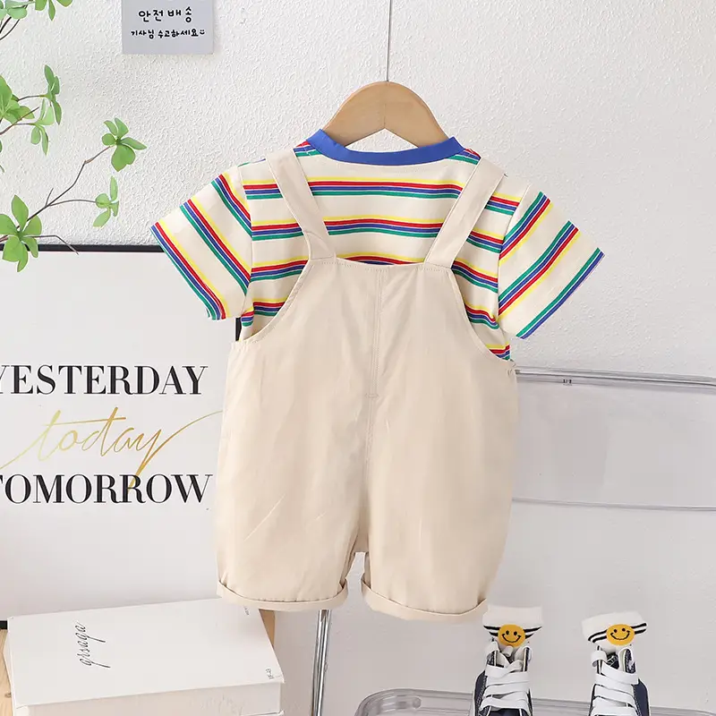 Children's 2-Piece Cotton T-Shirt Shorts Set Blue Beige Summer Casual - Image 4