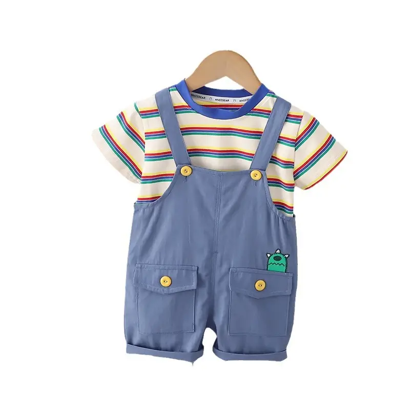 Children's 2-Piece Cotton T-Shirt Shorts Set Blue Beige Summer Casual - Image 5
