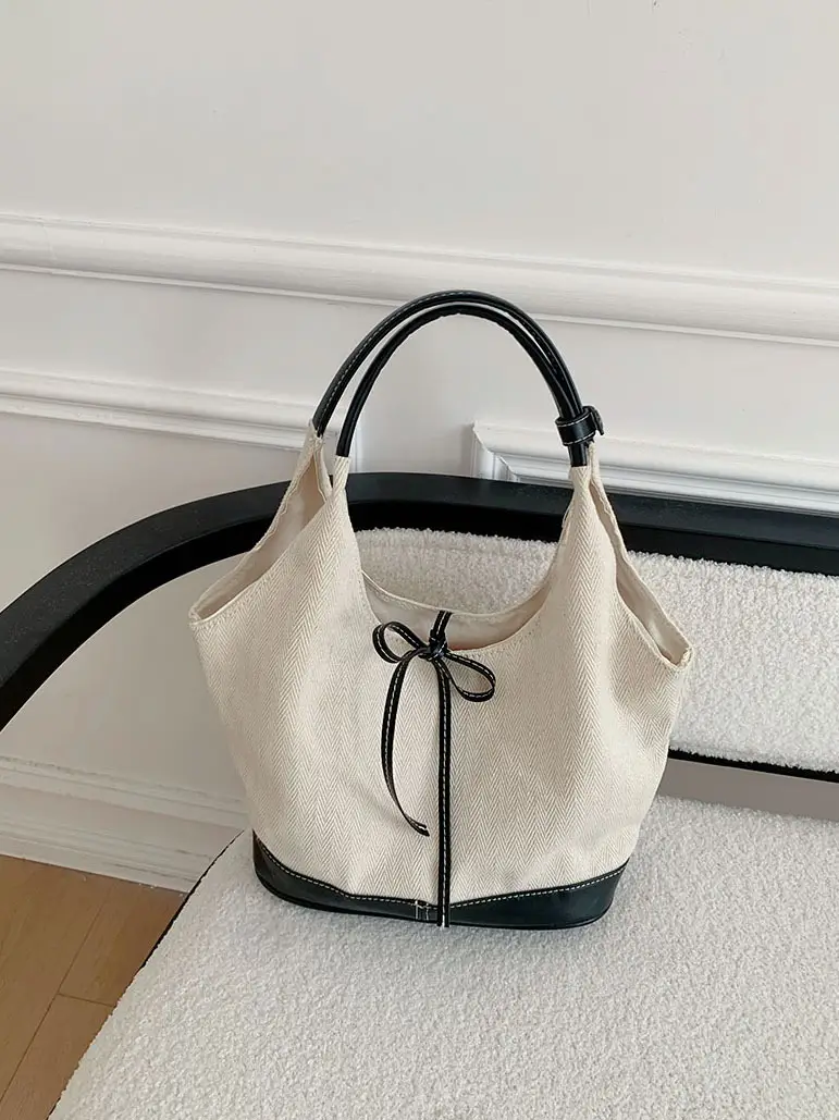 Women Patchwork Canvas Tote Bag Blue Beige 2026 - Image 2