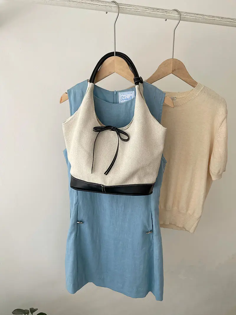 Women Patchwork Canvas Tote Bag Blue Beige 2026 - Image 3