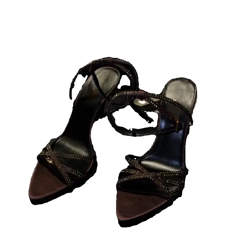 New Rhinestone High Heel Sandals for Women Brown