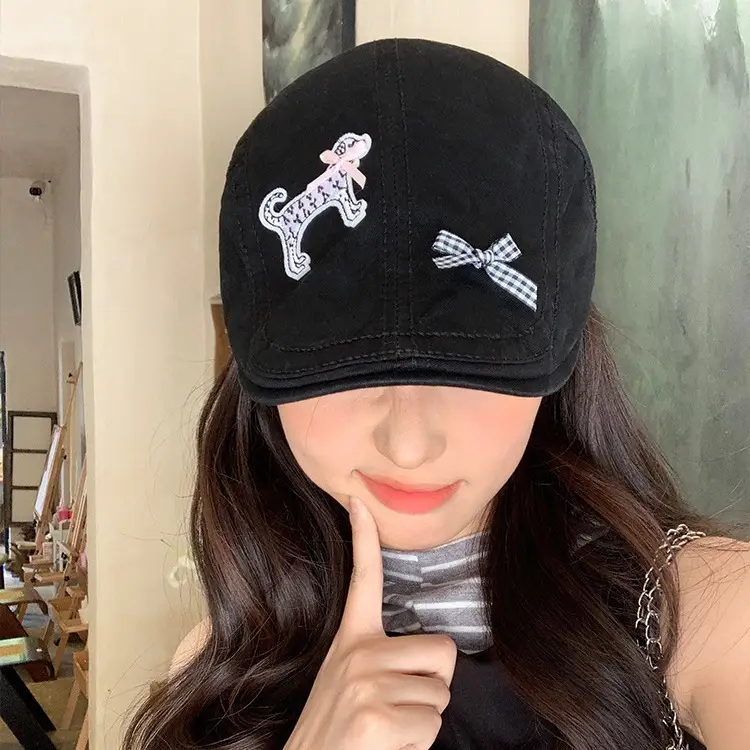 Women's Beige Puppy Embroidered Cap Spring Summer