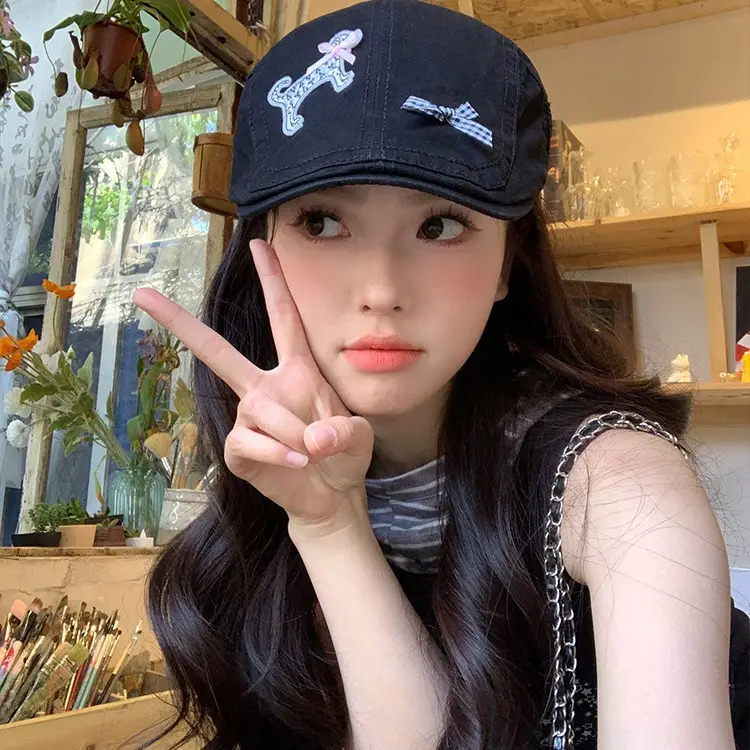 Women's Beige Puppy Embroidered Cap Spring Summer
