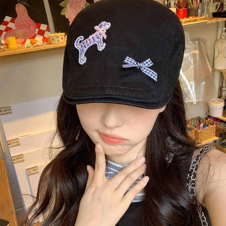 Women's Beige Puppy Embroidered Cap Spring Summer