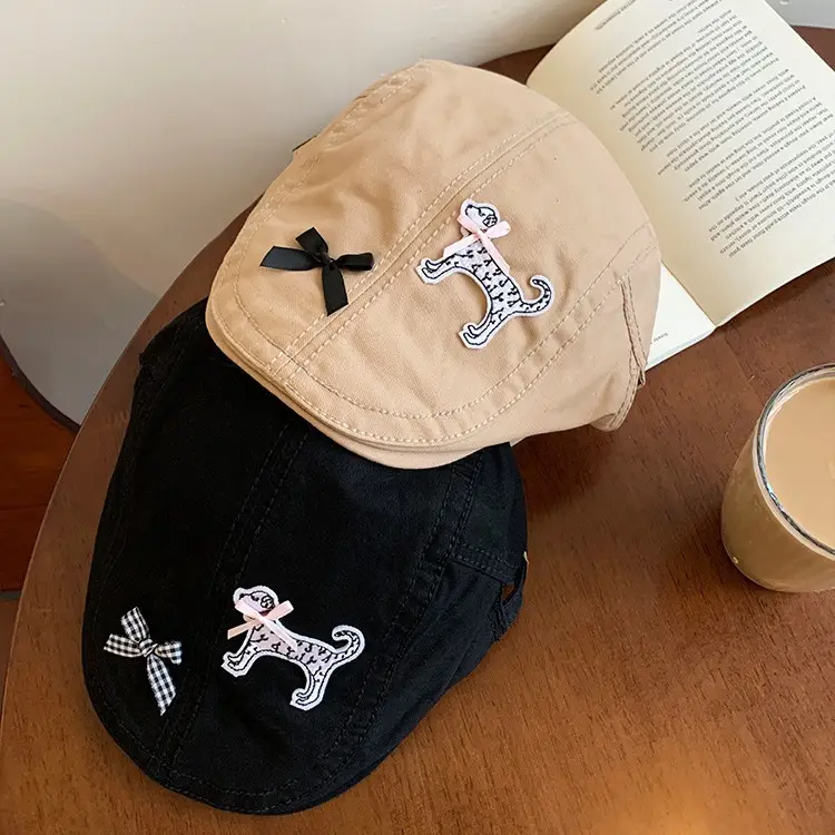 Women's Beige Puppy Embroidered Cap Spring Summer