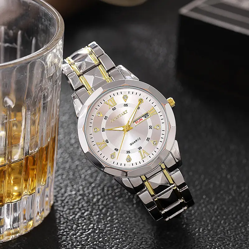 Men's Gold Steel Band Double Calendar Watch with Blue Dial - Image 5