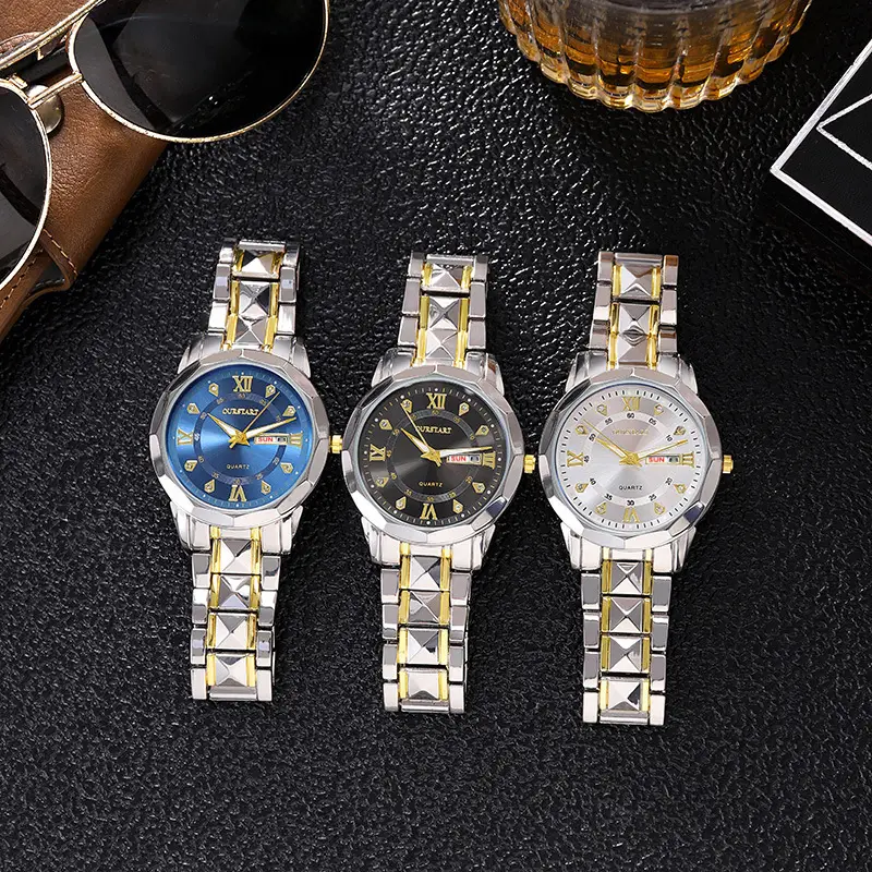 Men's Gold Steel Band Double Calendar Watch with Blue Dial - Image 7