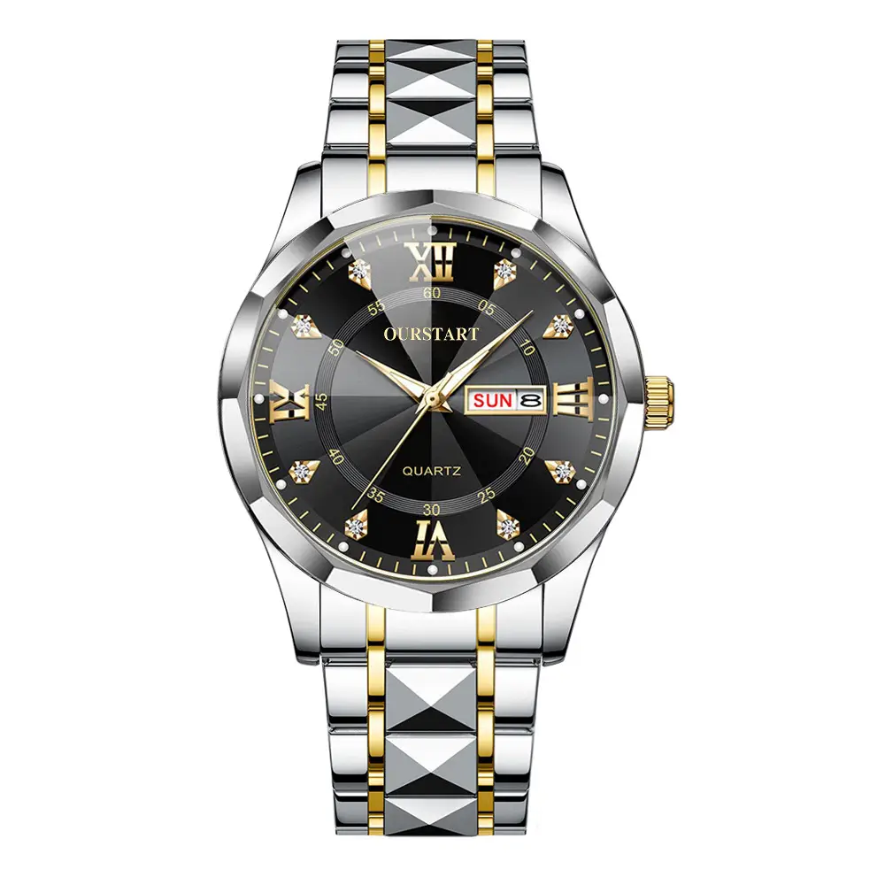 Men's Gold Steel Band Double Calendar Watch with Blue Dial - Image 2