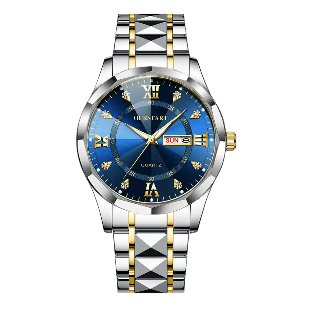 Men's Gold Steel Band Double Calendar Watch with Blue Dial - Image 3