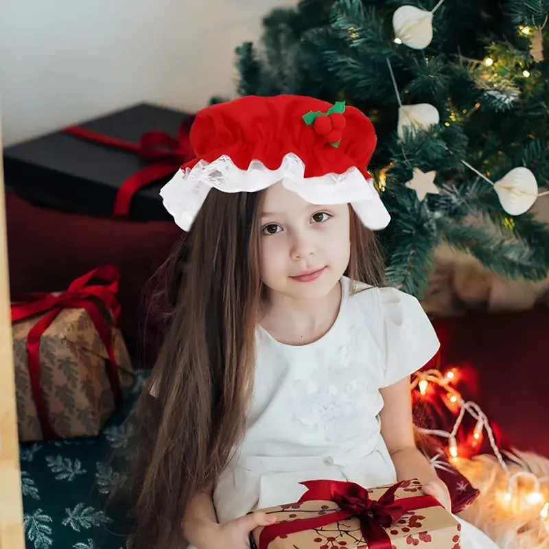 Red Fur Ball Christmas Hat with Flannel Fabric — feature 9