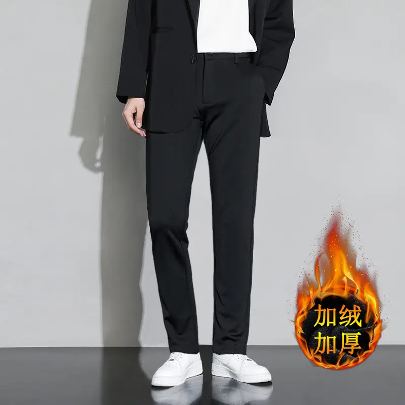 Cross-border Trade fleece-lined Men's Casual Pants Autumn and Winter Thick Loose Straight Anti-wrinkle Elastic Middle-aged Business Pants Long
