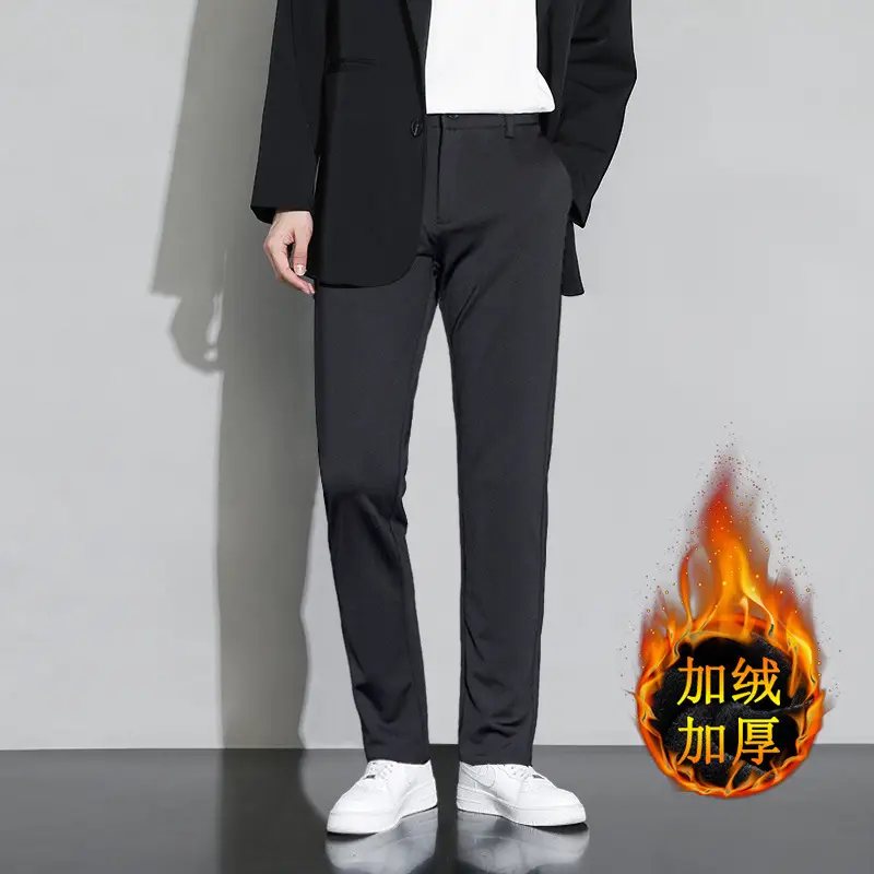 Cross-border Trade fleece-lined Men's Casual Pants Autumn and Winter Thick Loose Straight Anti-wrinkle Elastic Middle-aged Business Pants Long
