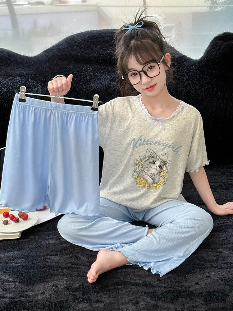 Girls' Pajamas Modal Three-piece Summer Children's Short-sleeved Home Clothes Girls' Big Children's Summer Thin Air-conditioning Clothes
