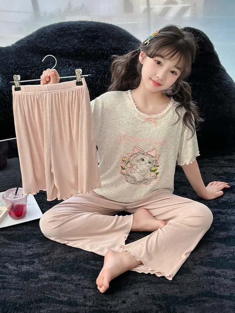Girls' Pajamas Modal Three-piece Summer Children's Short-sleeved Home Clothes Girls' Big Children's Summer Thin Air-conditioning Clothes
