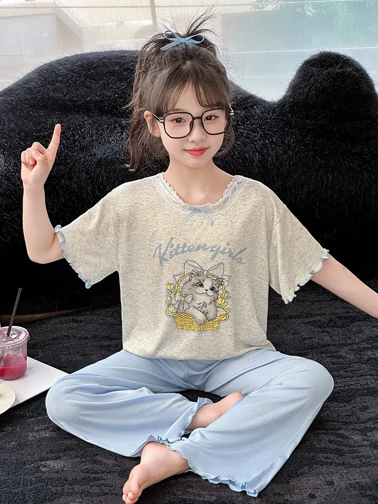 Girls' Pajamas Modal Three-piece Summer Children's Short-sleeved Home Clothes Girls' Big Children's Summer Thin Air-conditioning Clothes