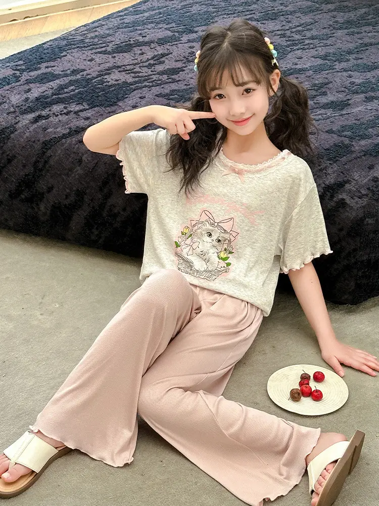 Girls' Pajamas Modal Three-piece Summer Children's Short-sleeved Home Clothes Girls' Big Children's Summer Thin Air-conditioning Clothes