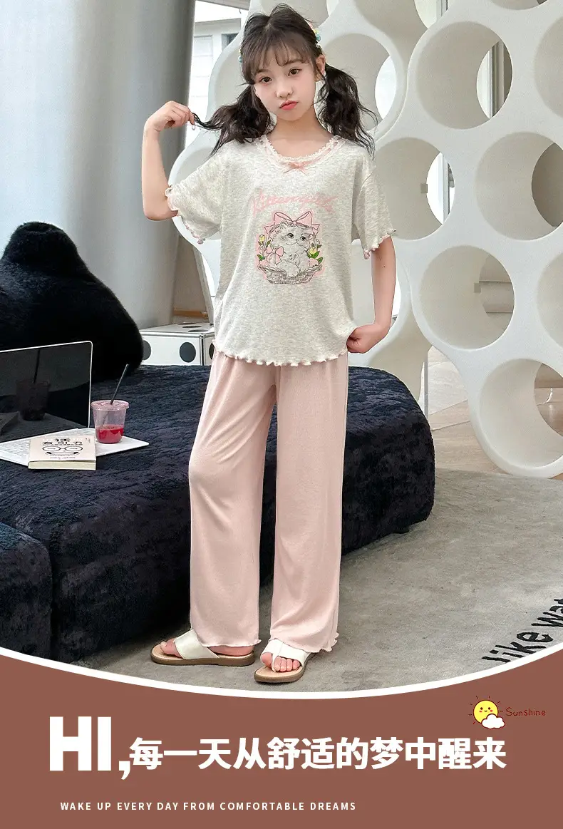 Girls' Pajamas Modal Three-piece Summer Children's Short-sleeved Home Clothes Girls' Big Children's Summer Thin Air-conditioning Clothes — feature 1