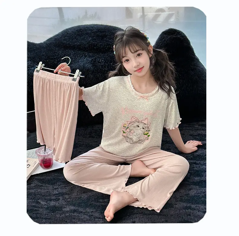Girls' Pajamas Modal Three-piece Summer Children's Short-sleeved Home Clothes Girls' Big Children's Summer Thin Air-conditioning Clothes — feature 13
