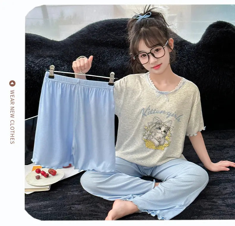 Girls' Pajamas Modal Three-piece Summer Children's Short-sleeved Home Clothes Girls' Big Children's Summer Thin Air-conditioning Clothes — feature 18