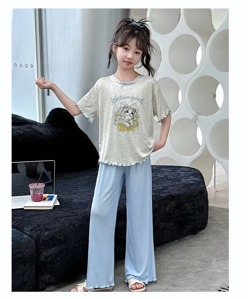 Girls' Pajamas Modal Three-piece Summer Children's Short-sleeved Home Clothes Girls' Big Children's Summer Thin Air-conditioning Clothes — feature 19