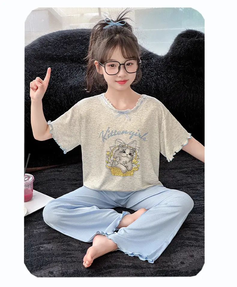 Girls' Pajamas Modal Three-piece Summer Children's Short-sleeved Home Clothes Girls' Big Children's Summer Thin Air-conditioning Clothes — feature 20