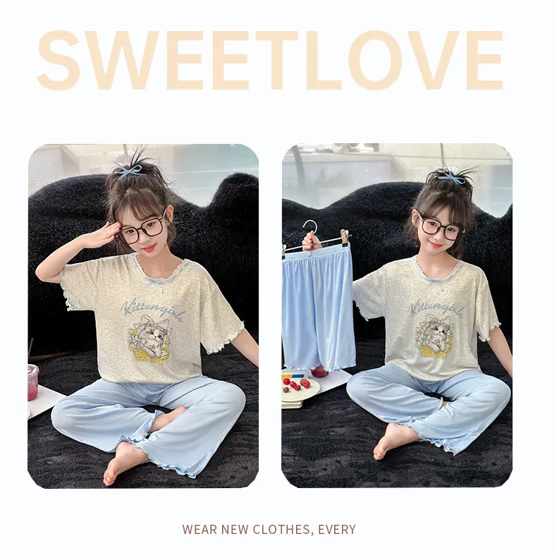 Girls' Pajamas Modal Three-piece Summer Children's Short-sleeved Home Clothes Girls' Big Children's Summer Thin Air-conditioning Clothes — feature 24