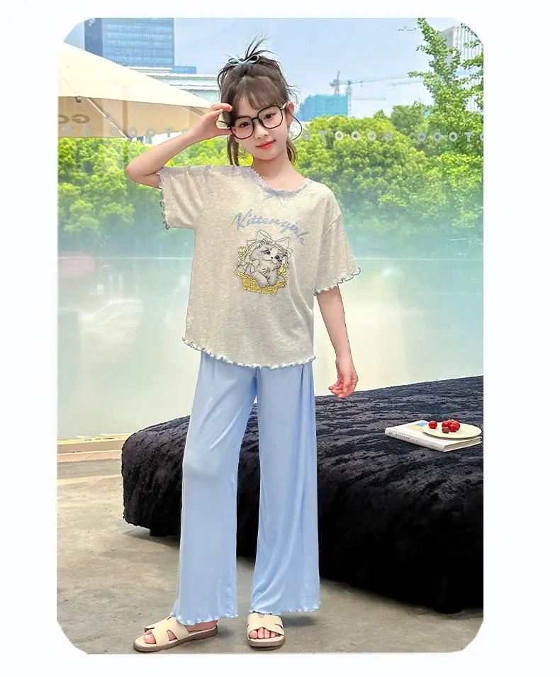 Girls' Pajamas Modal Three-piece Summer Children's Short-sleeved Home Clothes Girls' Big Children's Summer Thin Air-conditioning Clothes — feature 25