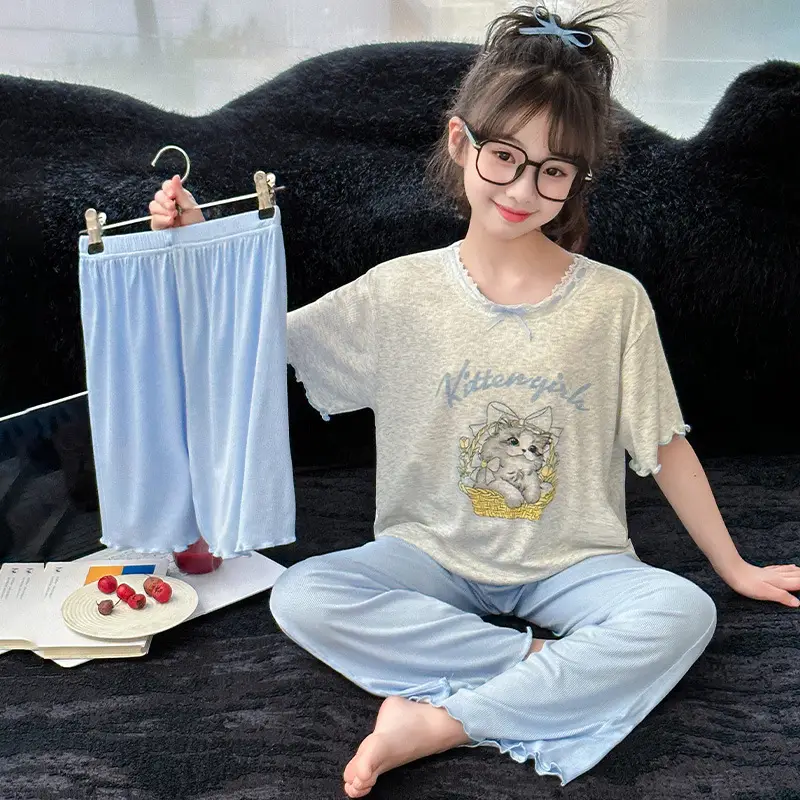 Girls' Pajamas Modal Three-piece Summer Children's Short-sleeved Home Clothes Girls' Big Children's Summer Thin Air-conditioning Clothes