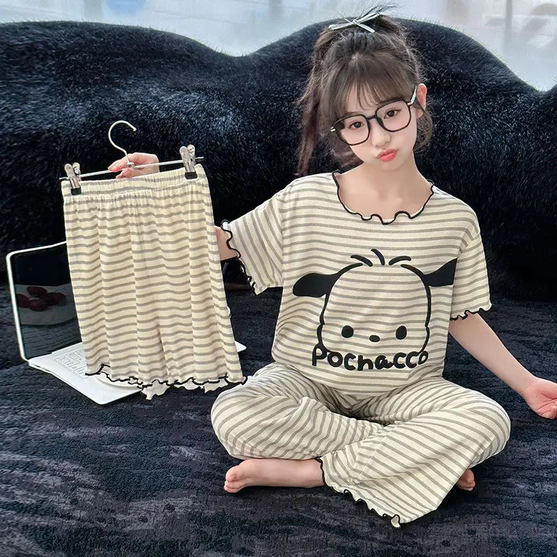 Girls' Pajamas Modal Three-piece Summer Children's Short-sleeved Home Clothes Girls' Big Children's Summer Thin Air-conditioning Clothes