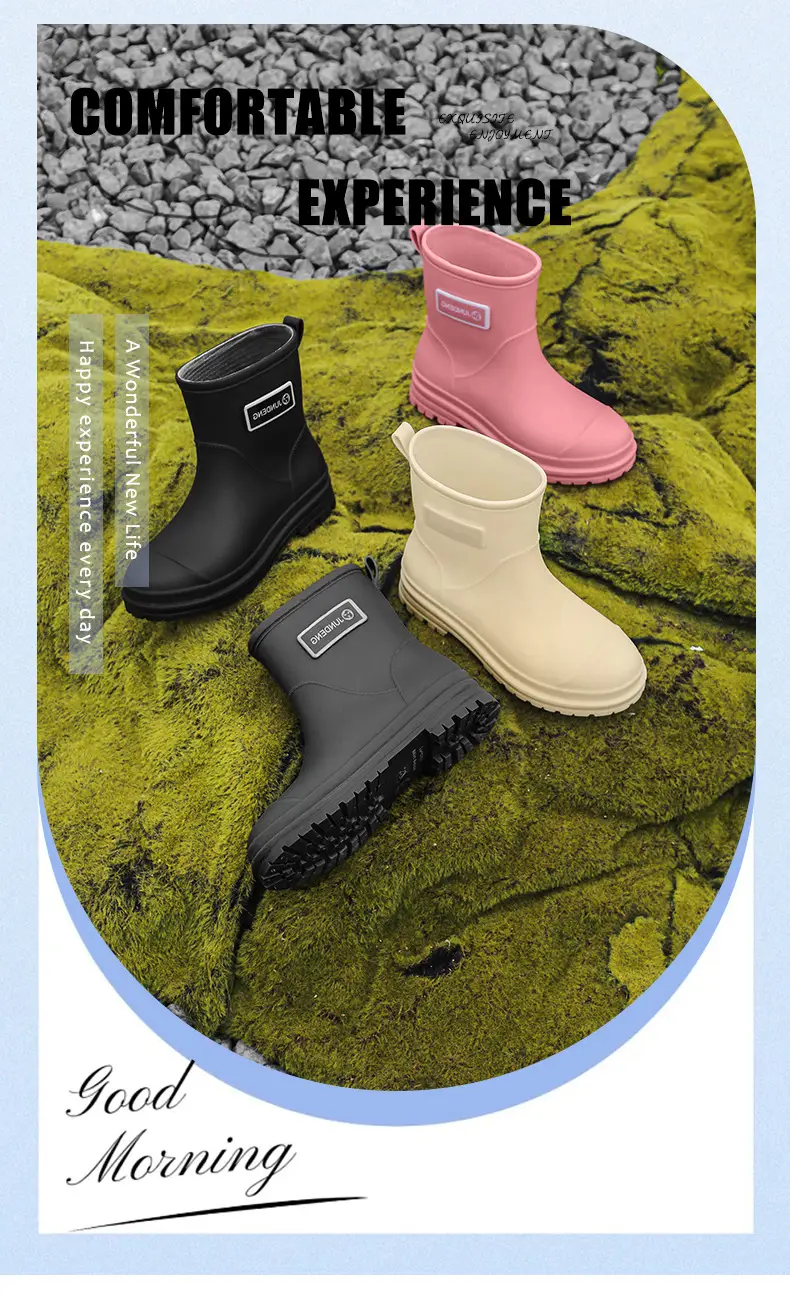 Fashionable All-match Women's Mid-length Rain Boots Outer Wear Waterproof fleece-lined Warm Adult Rain Boots Kitchen Non-slip Work Water Shoes — feature 10
