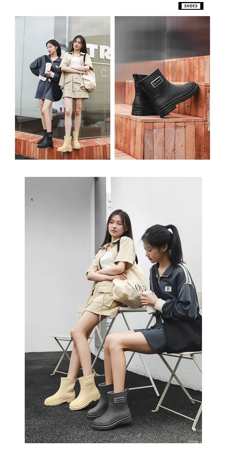 Fashionable All-match Women's Mid-length Rain Boots Outer Wear Waterproof fleece-lined Warm Adult Rain Boots Kitchen Non-slip Work Water Shoes — feature 17