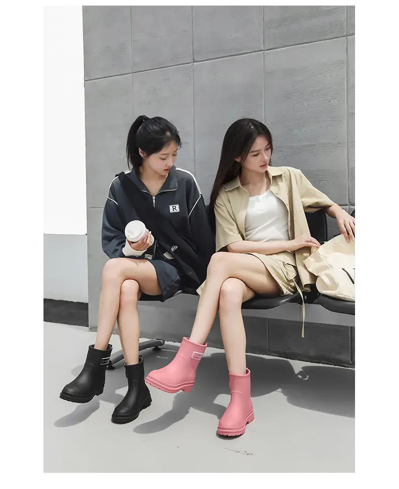 Fashionable All-match Women's Mid-length Rain Boots Outer Wear Waterproof fleece-lined Warm Adult Rain Boots Kitchen Non-slip Work Water Shoes — feature 18