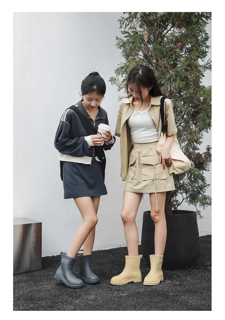 Fashionable All-match Women's Mid-length Rain Boots Outer Wear Waterproof fleece-lined Warm Adult Rain Boots Kitchen Non-slip Work Water Shoes — feature 28
