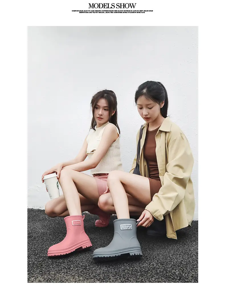 Fashionable All-match Women's Mid-length Rain Boots Outer Wear Waterproof fleece-lined Warm Adult Rain Boots Kitchen Non-slip Work Water Shoes — feature 29