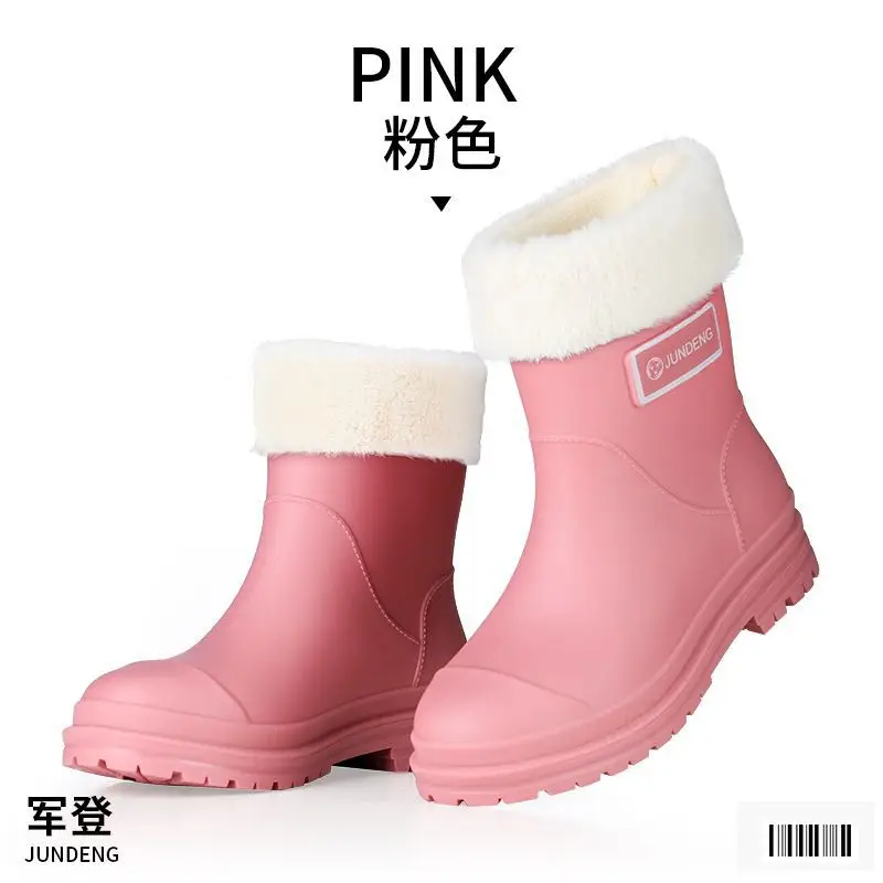 Fashionable All-match Women's Mid-length Rain Boots Outer Wear Waterproof fleece-lined Warm Adult Rain Boots Kitchen Non-slip Work Water Shoes - Image 6