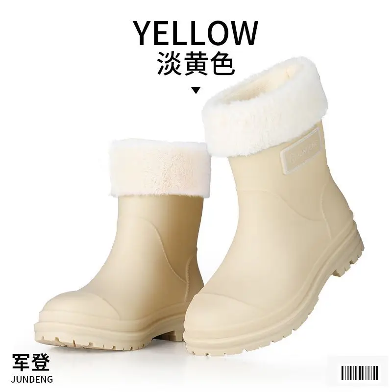 Fashionable All-match Women's Mid-length Rain Boots Outer Wear Waterproof fleece-lined Warm Adult Rain Boots Kitchen Non-slip Work Water Shoes - Image 7