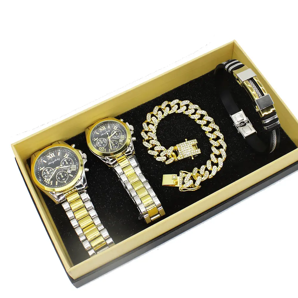 Couple Quartz Watches Gold Blue Bracelet Box