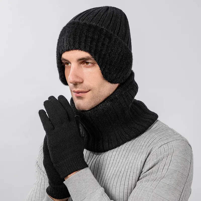 Winter Solid Color Striped Hat and Neck Warmer Knit Set for Men and Women, Fleece-Lined, Thickened, Warm Pullover Neck Warmer, Cross-Border Simple Style