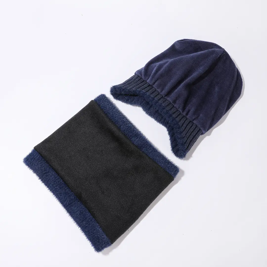 Winter Solid Color Striped Hat and Neck Warmer Knit Set for Men and Women, Fleece-Lined, Thickened, Warm Pullover Neck Warmer, Cross-Border Simple Style