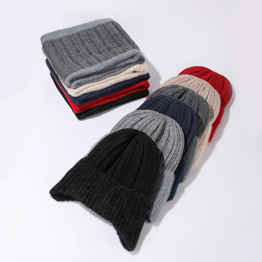 Winter Solid Color Striped Hat and Neck Warmer Knit Set for Men and Women, Fleece-Lined, Thickened, Warm Pullover Neck Warmer, Cross-Border Simple Style