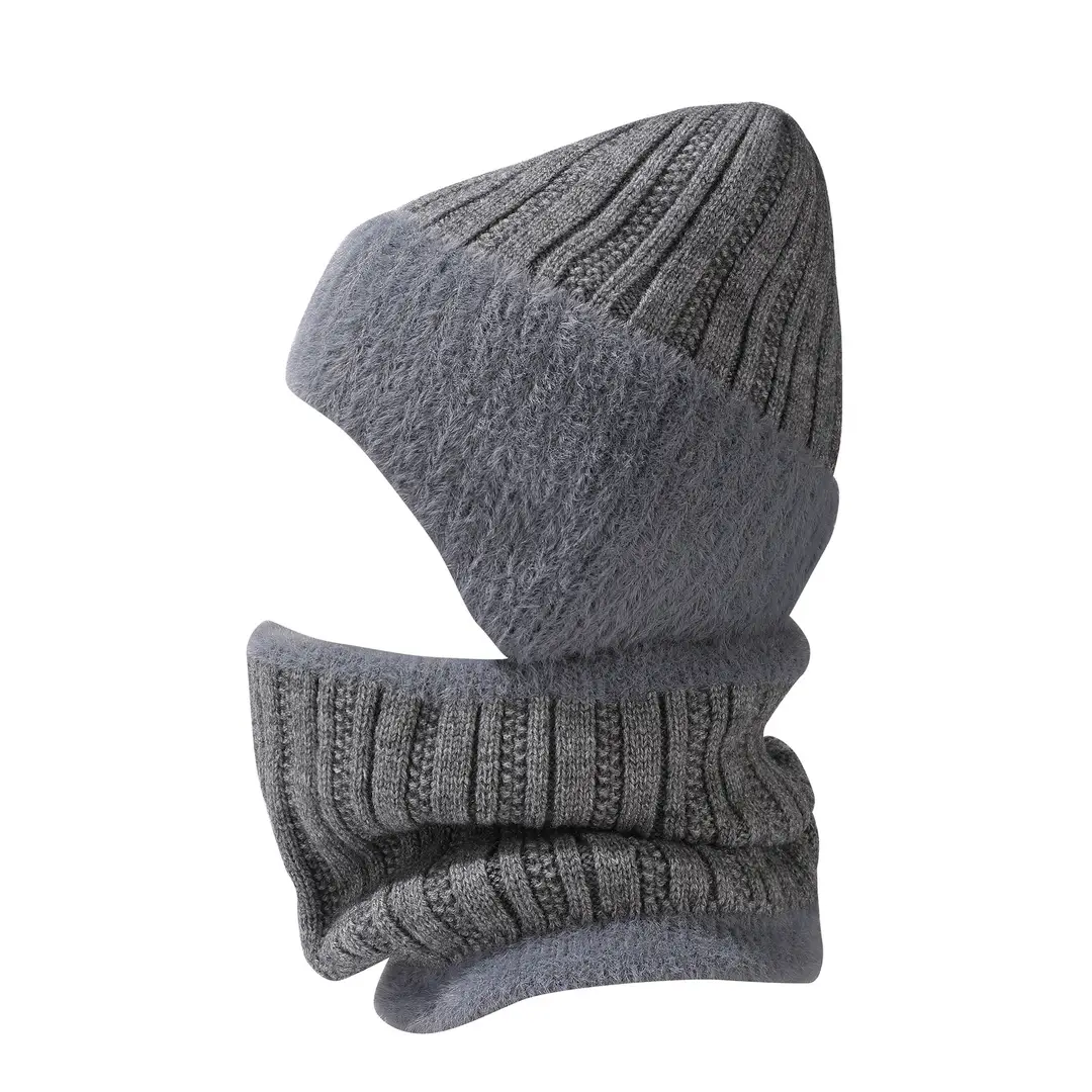 Winter Solid Color Striped Hat and Neck Warmer Knit Set for Men and Women, Fleece-Lined, Thickened, Warm Pullover Neck Warmer, Cross-Border Simple Style
