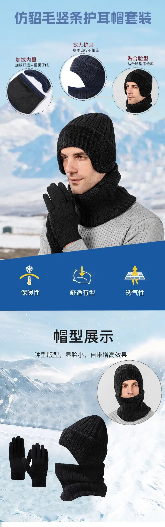Winter Solid Color Striped Hat and Neck Warmer Knit Set for Men and Women, Fleece-Lined, Thickened, Warm Pullover Neck Warmer, Cross-Border Simple Style — feature 2