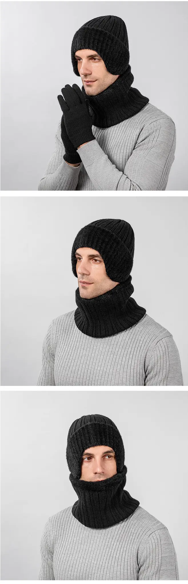 Winter Solid Color Striped Hat and Neck Warmer Knit Set for Men and Women, Fleece-Lined, Thickened, Warm Pullover Neck Warmer, Cross-Border Simple Style — feature 7