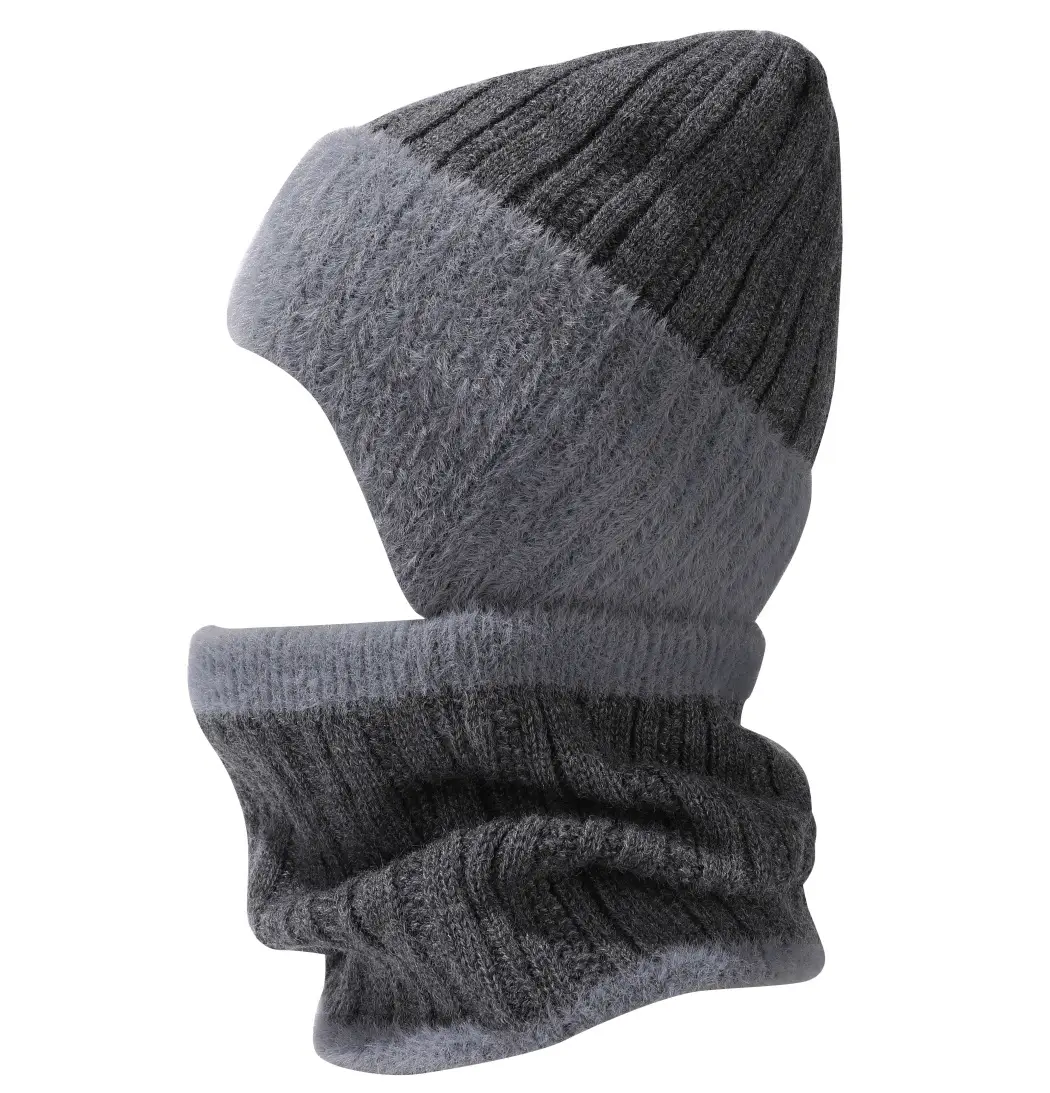 Winter Solid Color Striped Hat and Neck Warmer Knit Set for Men and Women, Fleece-Lined, Thickened, Warm Pullover Neck Warmer, Cross-Border Simple Style