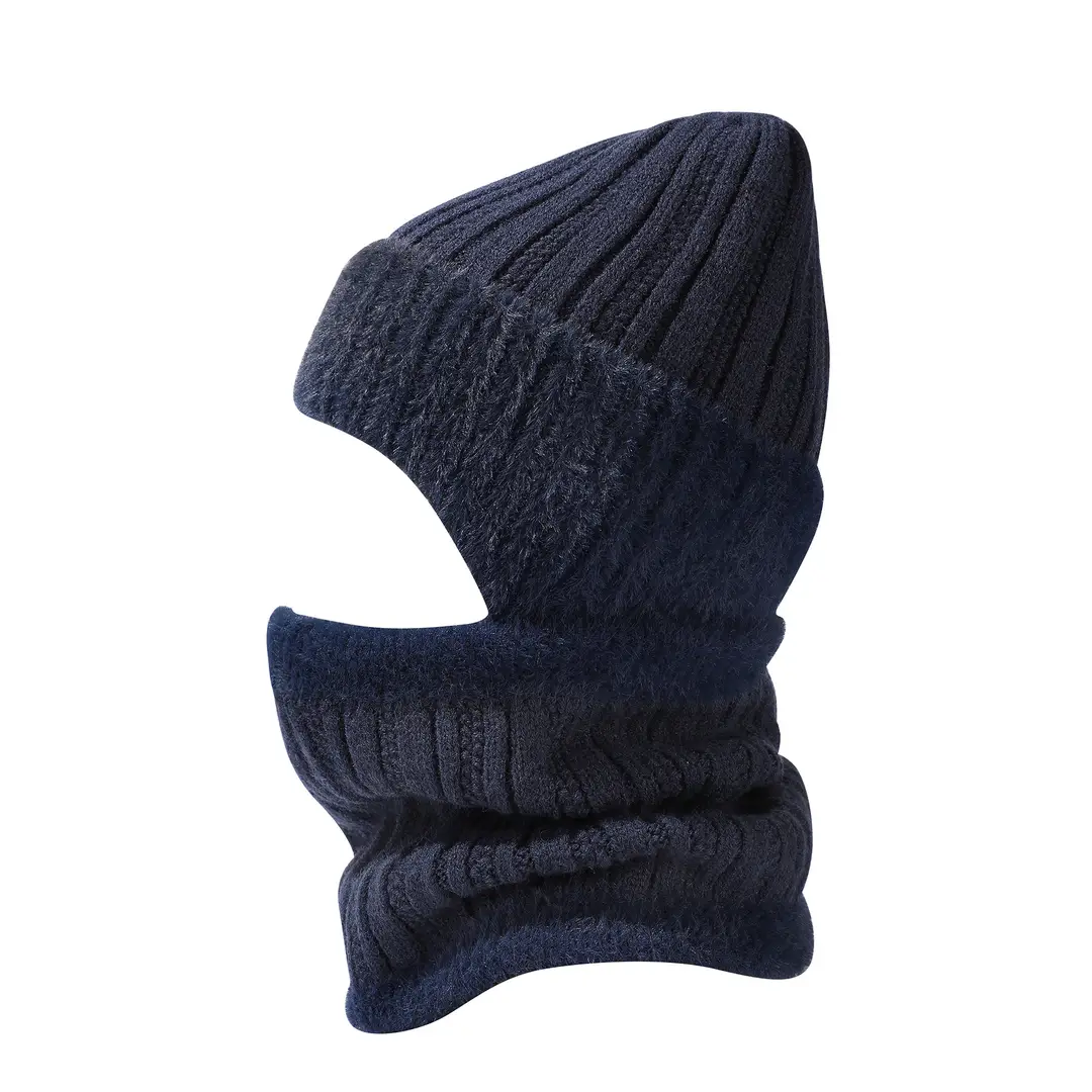 Winter Solid Color Striped Hat and Neck Warmer Knit Set for Men and Women, Fleece-Lined, Thickened, Warm Pullover Neck Warmer, Cross-Border Simple Style