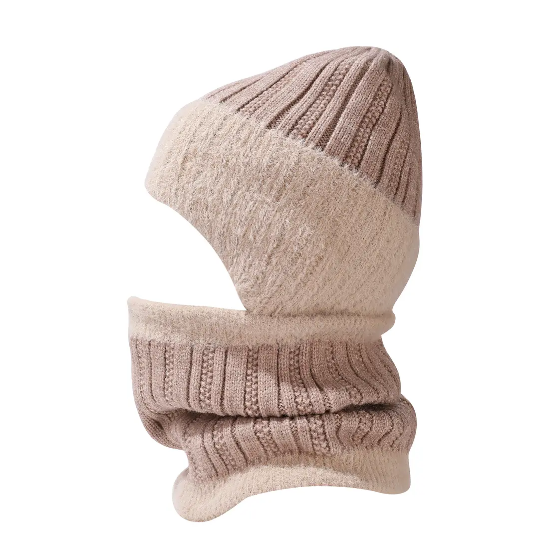 Winter Solid Color Striped Hat and Neck Warmer Knit Set for Men and Women, Fleece-Lined, Thickened, Warm Pullover Neck Warmer, Cross-Border Simple Style