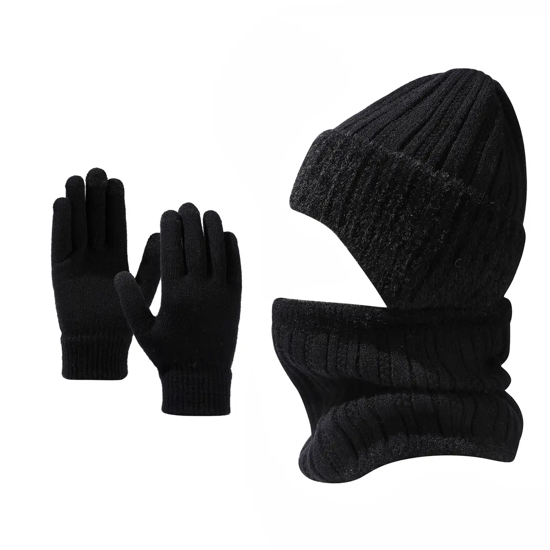 Winter Solid Color Striped Hat and Neck Warmer Knit Set for Men and Women, Fleece-Lined, Thickened, Warm Pullover Neck Warmer, Cross-Border Simple Style