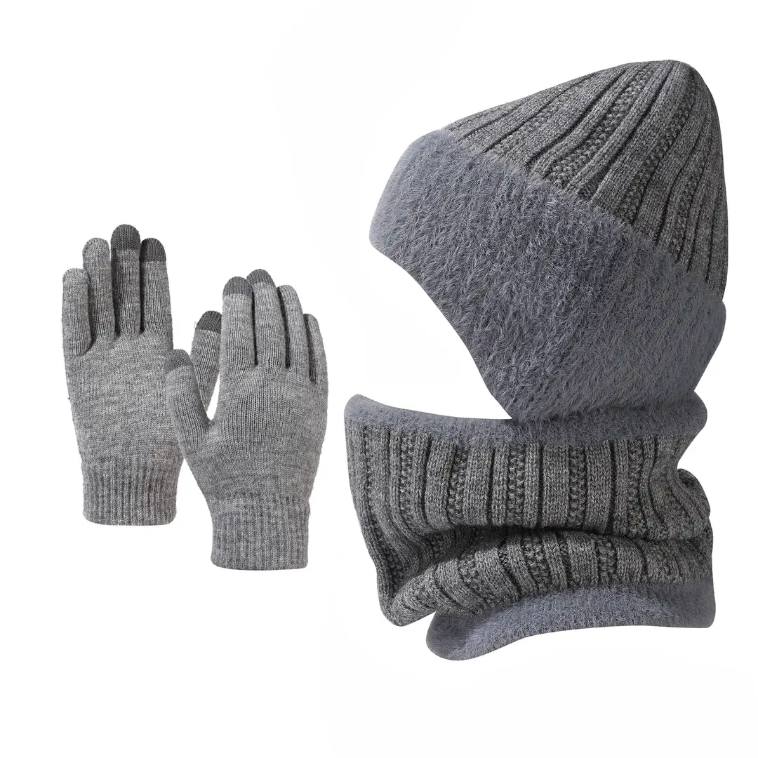Winter Solid Color Striped Hat and Neck Warmer Knit Set for Men and Women, Fleece-Lined, Thickened, Warm Pullover Neck Warmer, Cross-Border Simple Style