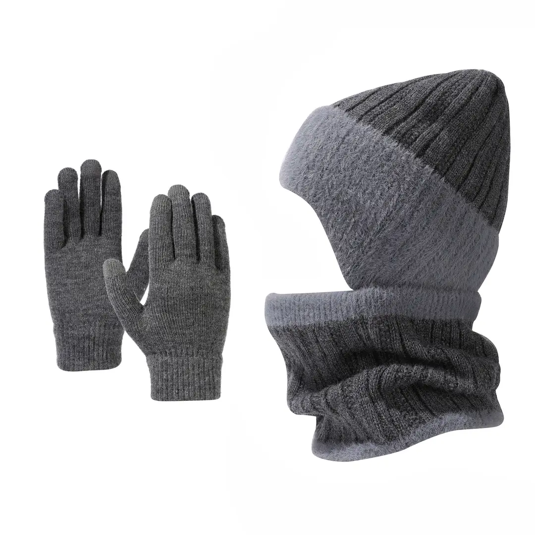 Winter Solid Color Striped Hat and Neck Warmer Knit Set for Men and Women, Fleece-Lined, Thickened, Warm Pullover Neck Warmer, Cross-Border Simple Style