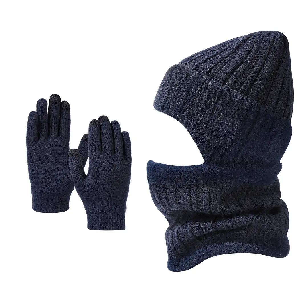 Winter Solid Color Striped Hat and Neck Warmer Knit Set for Men and Women, Fleece-Lined, Thickened, Warm Pullover Neck Warmer, Cross-Border Simple Style